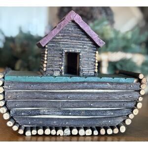 Vintage Wooden Noahs Ark Handmade Folk Art Tramp Boat Red Green Rustic Log Cabin